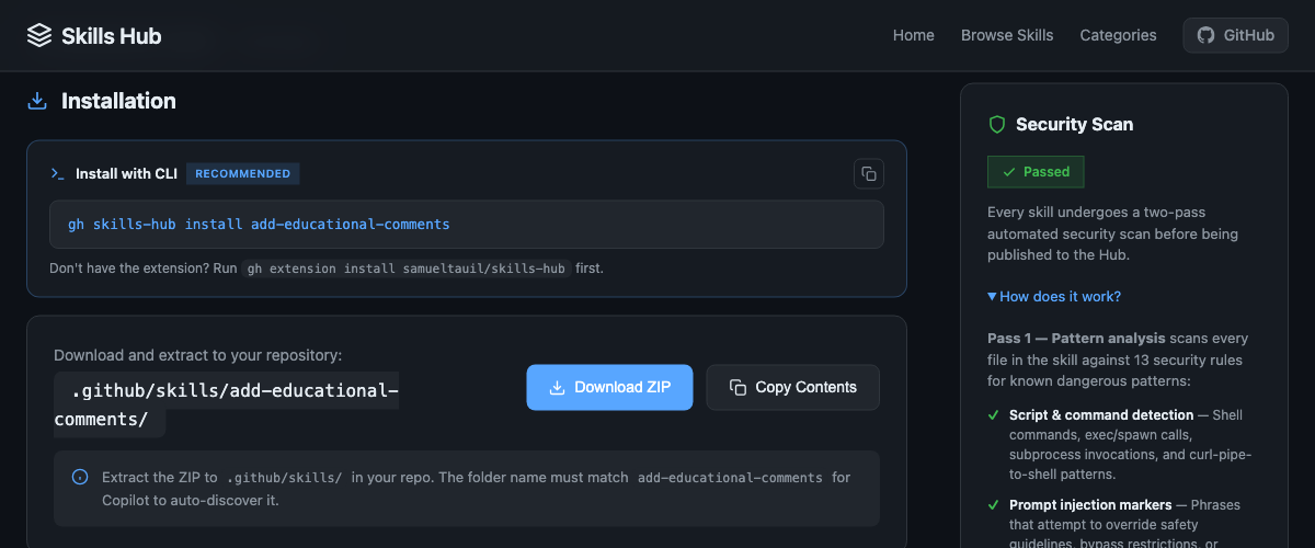 GH extension and install command shown in the install card