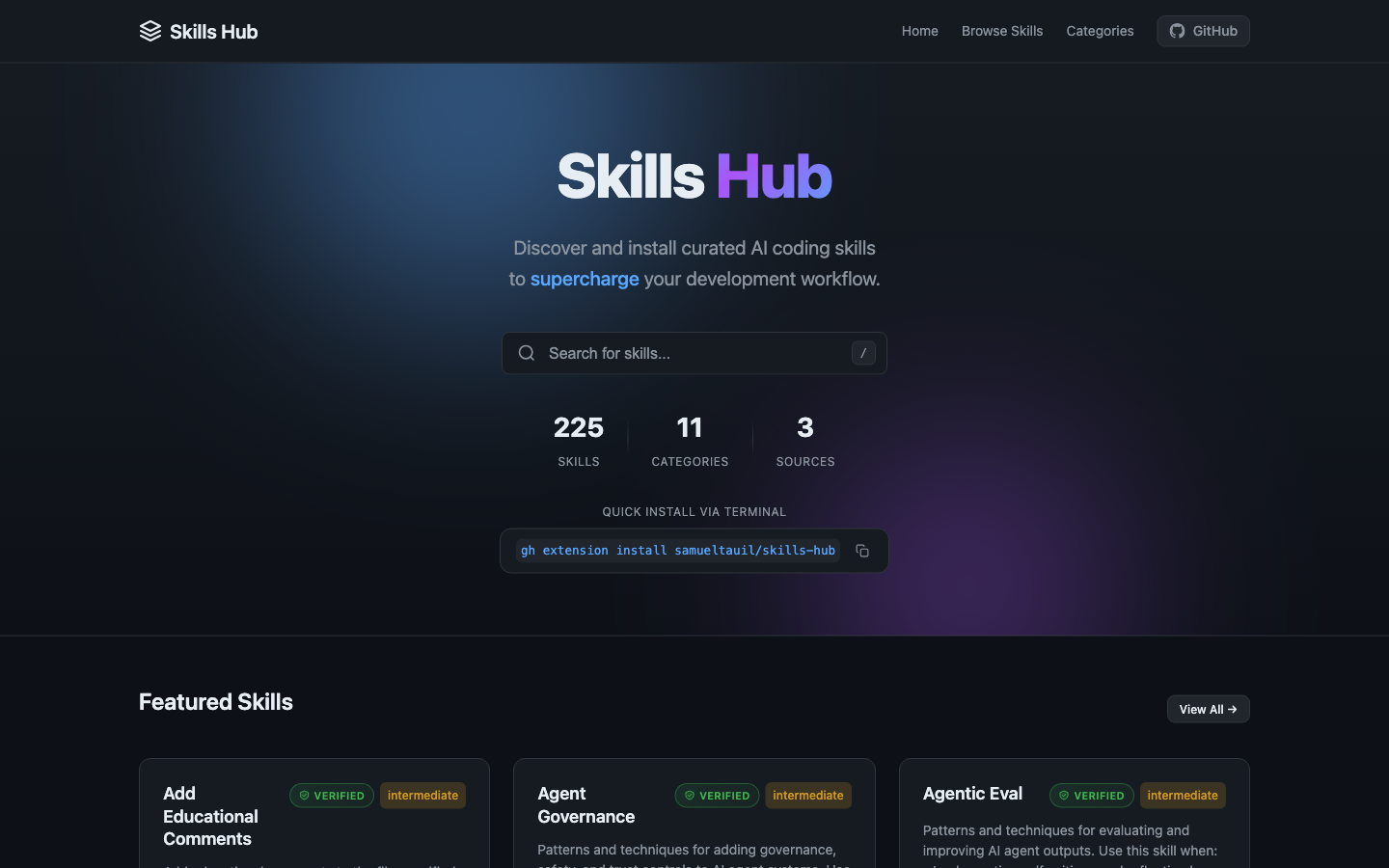 Skills Hub homepage at skillshub.space
