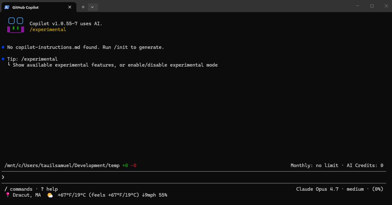 Statusline do Copilot CLI mostrando a previsão do tempo local