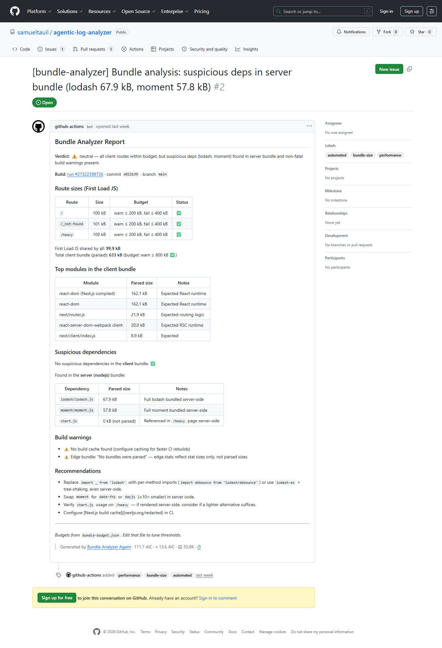 Issue created by the bundle analyzer agentic workflow