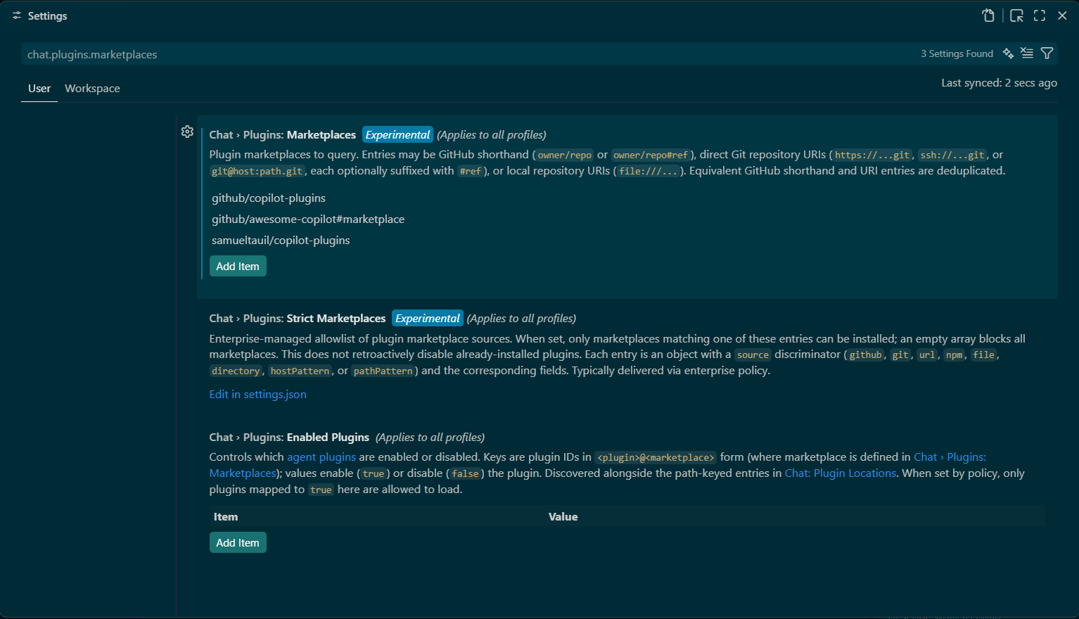 VS Code Settings editor showing the experimental chat.plugins.marketplaces list with an Add Item button