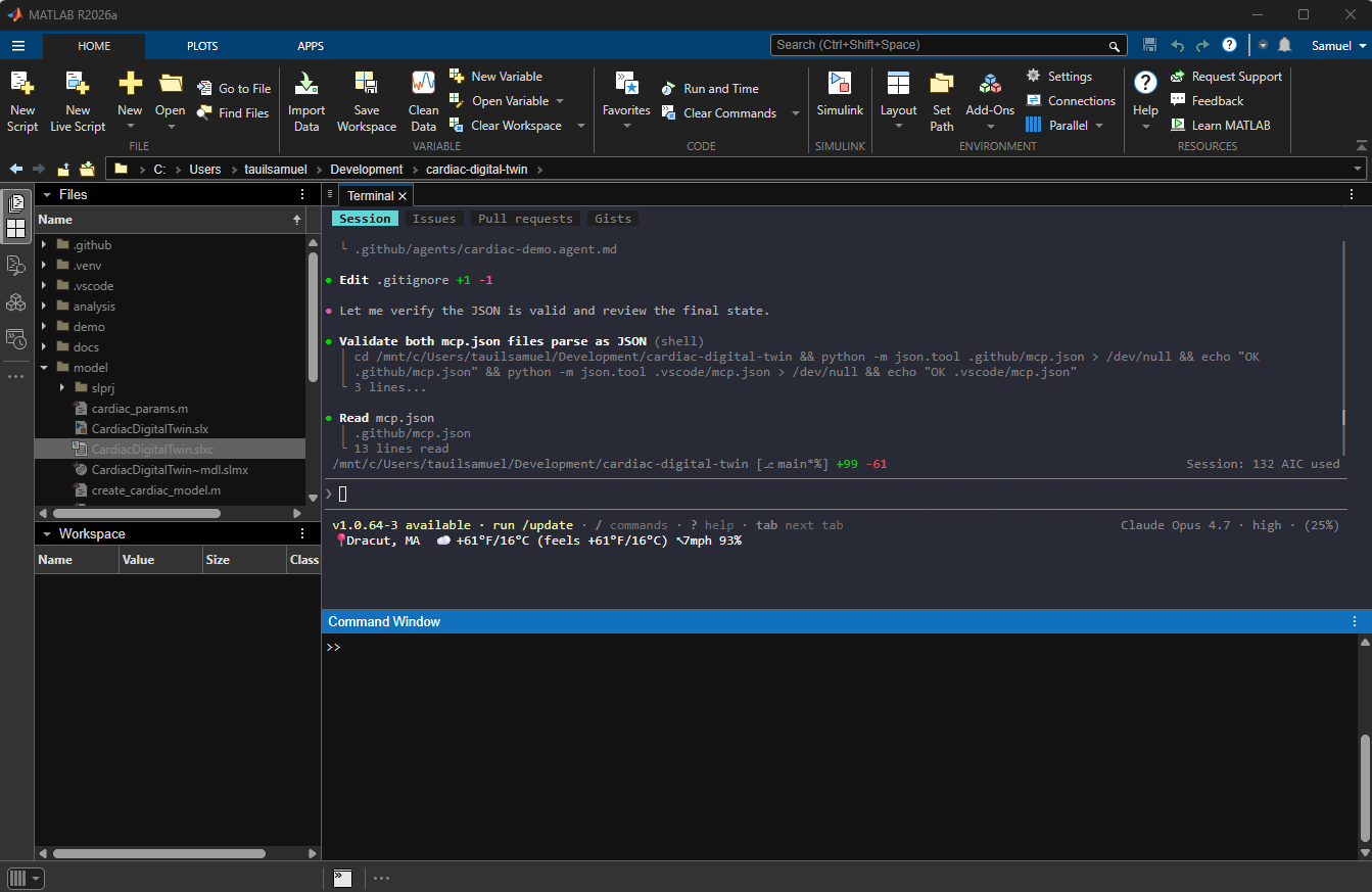 GitHub Copilot CLI running in the MATLAB integrated terminal, validating the repo-level mcp.json files for the cardiac-digital-twin project